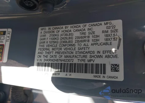 2022 Honda Cr-V Awd Ex-L из США, поврежденный, VIN 2HKRW2H87NH623072